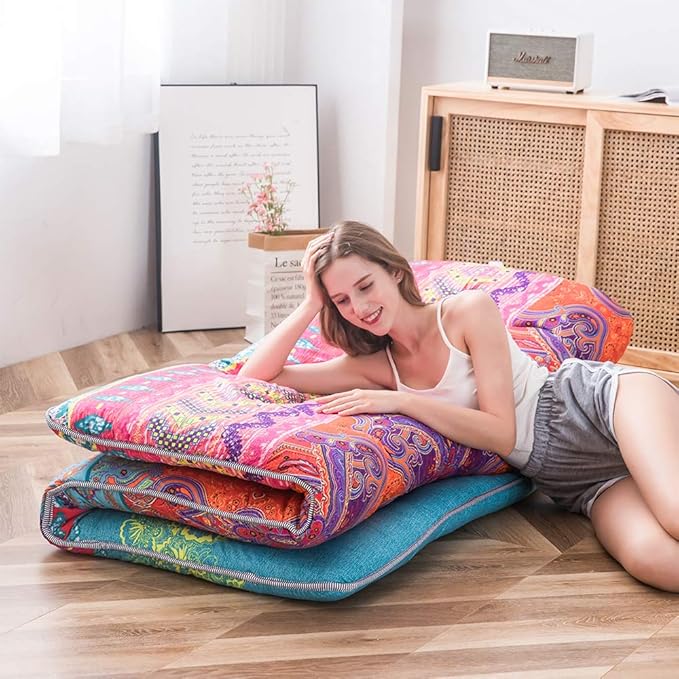 MAXYOYO Bohemian Retro Floor Mattress Boho Floral Style Japanese Futon Tatami Mat Foldable Bed Portable Camping Sleeping Pad Lounger Couch King Size