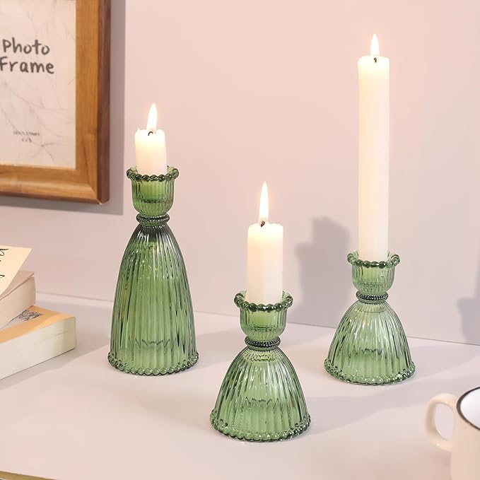 6 Pcs Green Glass Candlestick Holder (3.5"/6", Assorted)- Tall Taper Candle Holders with Vintage Design, Candle Stick Holders in Bulk for Party Decorations, Green Candle Holder for Tapered Candles