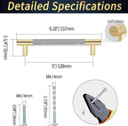 Knurled Cabinet Pulls 6 Pack, 6 Inch Long Cabinet Handles Metal Door Pulls, Kitchen Drawer Pull Knurled Dresser Handles - 5" Hole to Hole, Grey & Gold