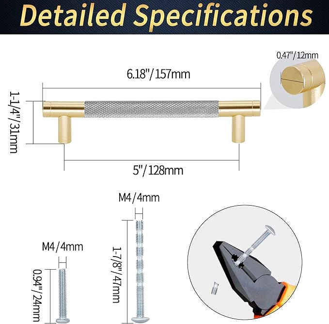 Knurled Cabinet Pulls 2 Pack, 6 Inch Long Cabinet Handles Metal Door Pulls, Kitchen Drawer Pull Knurled Dresser Handles - 5" Hole to Hole, Grey & Gold