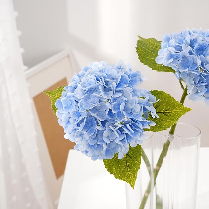 4Pcs Real Touch Hydrangea Artificial Flowers, Blue White Fake Hydrangea Flowers, 21" Lifelike Latex Faux Hydrangea Flowers for Wedding Bouquet Home Decor Centerpieces