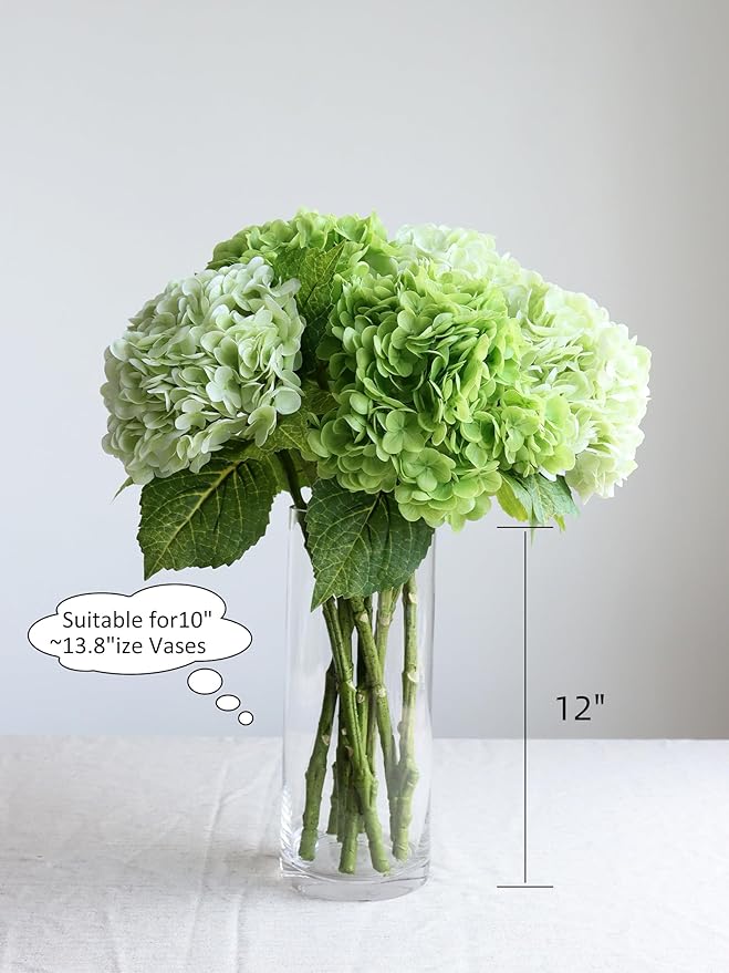 4pcs 21" Faux Dark Green Hydrangeas Artificial Flowers, Real Touch Silk Hydrangea Flowers with Stems for Bridal Wedding Bouquet Party Home Decor
