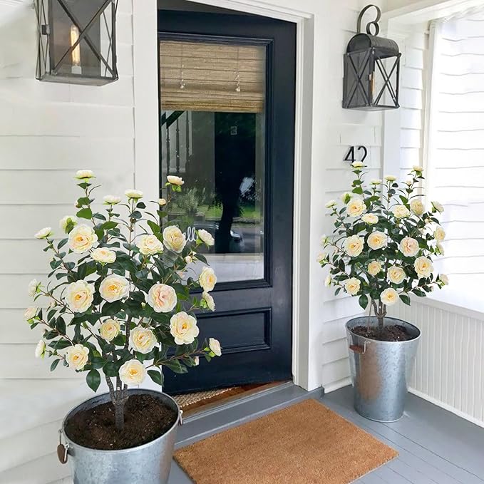 3.6FT Artificial Camellia Fake Tree, Artificial Plants & Flowers with 32 Yellow Pink Flowers for Door Front Decoration Porch Patio Living Room Office Indoor Outdoor Decor (2PCS Contains Dried Moss)