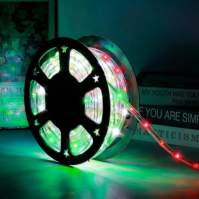 50ft 360 LED Waterproof Rope Lights, 110V Connectable Indoor Outdoor Led Rope Lights for Deck, Patio, Pool, Camping, Bedroom Decor, Landscape Lighting and More (RED+White+Green)