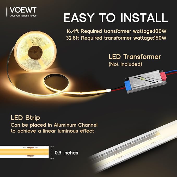 COB LED Strip Lights Daylight White 6000K,16.4ft 24V High CRI 95Ra+ Super Bright,Flexible Tape Lights for Bedroom,Mirror,Kitchen Cabinet, Living Room(Power Supply Not Included)