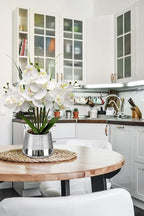 Artificial White Phalaenopsis Orchid Flower Arrangements Faux Orchid Flower in Silver Pot Orchid Centerpiece for Dining Room Table