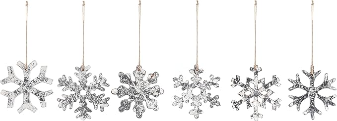 DEMDACO Cozy Time Silver Tone 4 x 4 Inch Wood Christmas Tree Decoration, Festive Holiday Décor, Distressed, Hanging Ornaments, Set of 6, Snowflake