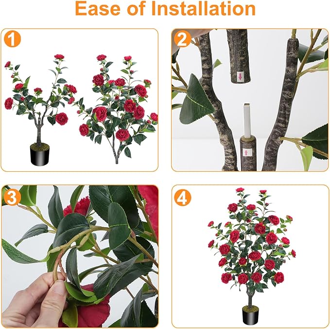 3.6FT Artificial Camellia Fake Tree, Artificial Plants & Flowers with 32 Red Flowers for Door Front Decoration Porch Patio Living Room Office Indoor Outdoor Decoration (Contains Dried Moss)