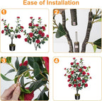 3.6FT Artificial Camellia Fake Tree, Artificial Plants & Flowers with 32 Red Flowers for Door Front Decoration Porch Patio Living Room Office Indoor Outdoor Decoration (Contains Dried Moss)