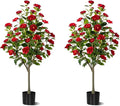 Artificial Camellia Tree 2 Pack, Artificial Plants Outdoor Faux Floral Plant in Cement Pot Fake Silk Camellia Tree Plants for Home House Living Room Office Decor