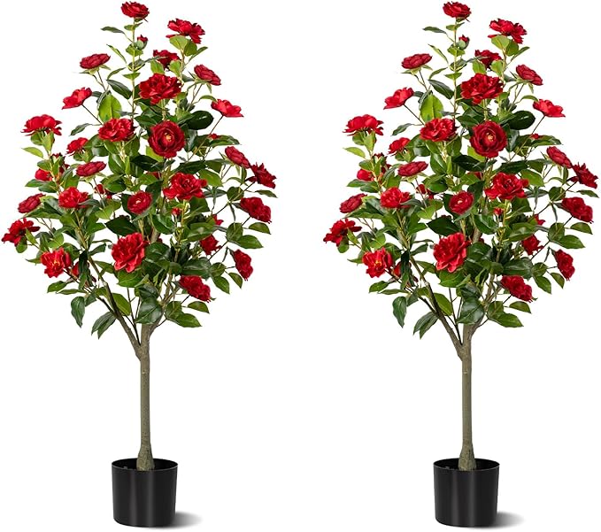 Artificial Camellia Tree 2 Pack, Artificial Plants Outdoor Faux Floral Plant in Cement Pot Fake Silk Camellia Tree Plants for Home House Living Room Office Decor