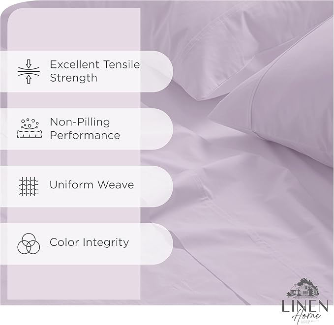 Linen Home 100% Cotton Percale Sheets California King Size, Iris Lilac, Deep Pocket, 4 Pieces Set - 1 Flat, 1 Deep Pocket Fitted Sheet and 2 Pillowcases, Crisp Cool and Strong Bed Linen