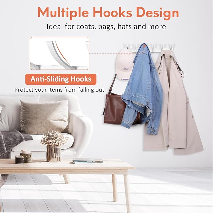 Coat Rack Wall Mount, Coat Hook Wall Mount, Wall Hooks for Hanging, Hat Rack for Walls, Coats Hanger with 12 Hook, Towel Hooks for Bathrooms (1 Pack, Silver)