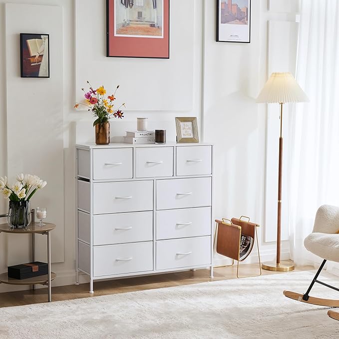 OLIXIS Dresser for Bedroom, 9 Storage Drawers, Wide Fabric Closet Chests Organizer Tower Furniture, TV Stand with Wooden Top Metal Frame for Clothes, Living Room, Hallway, Entryway, Classic White