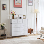 OLIXIS Dresser for Bedroom, 9 Storage Drawers, Wide Fabric Closet Chests Organizer Tower Furniture, TV Stand with Wooden Top Metal Frame for Clothes, Living Room, Hallway, Entryway, Classic White
