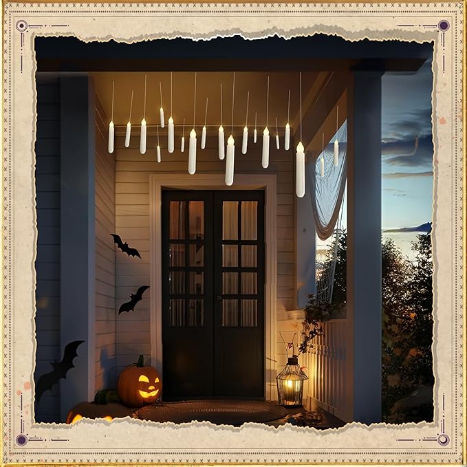 Homemory Hanging 20 Pcs Floating Candles with 2 Wand Remote and String, Flying Flameless LED Taper Candles Warm White Light, Battery Operated Window Candle for Halloween Christmas Party