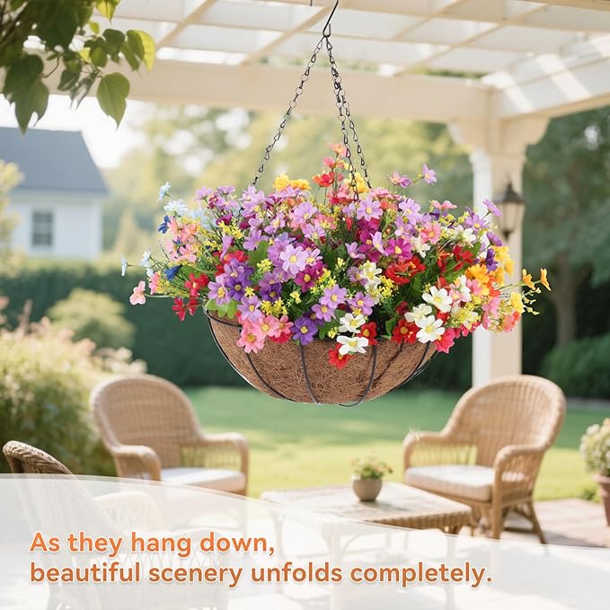 28 Bundles UV Resistant Outdoor Silk Artificial Flowers,7 Colors, Faux Daisy Flowers Hanging Fake Plants for Porch Patio Garden Window Yard Farmhouse Summer Autumn Decoration.