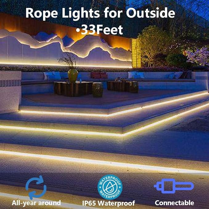 33FT 360 LED Rope Lights Outdoor - Connectable Waterproof Flexible Tube Lighting for Deck, Patio, Garden, Stair Railing & Above Cabinet Decor(Warm White)