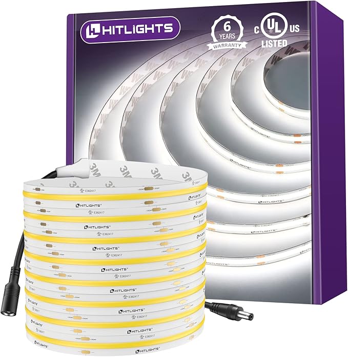 HitLights COB LED Strip Lights Cool White 5000K, 16.4ft Premium High Density 24V Tape Light, 2560 LEDs, 350+ LM/FT, CRI 90+, IP30, Lighting for Kitchen, Cabinets, UL Listed (Power Source Not Included)