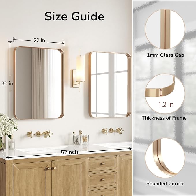 USHOWER Gold Bathroom Mirror 22"x30", Brushed Gold Rectangle Mirror for Over Sink, Rounded Corner, Aluminum Frame, Anti-Rust, Tempered Glass, Horizontal or Vertical Mounted