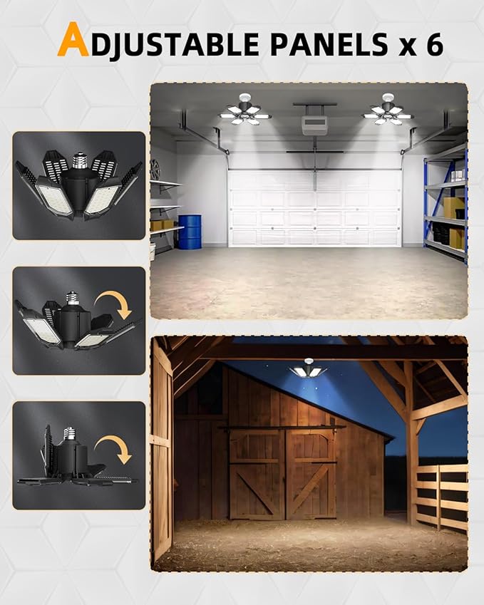 Adiding LED Garage Light, Bright 10000 Lumen LED Workshop Basement Lighting Fixture with Adjustable Spotlight and 6 Deformable Panels fit for E26 E27 Bulb Socket for Warehouse Attic Cellar Workspace