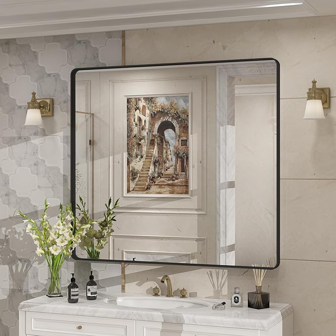40x36 Inch Black Metal Framed Bathrrom Mirror for Wall, Black Rounded Rectangle Mirror, Matte Black Bathroom Vanity Mirror, Anti-Rust, Tempered Glass, Hangs Horizontally or Vertically
