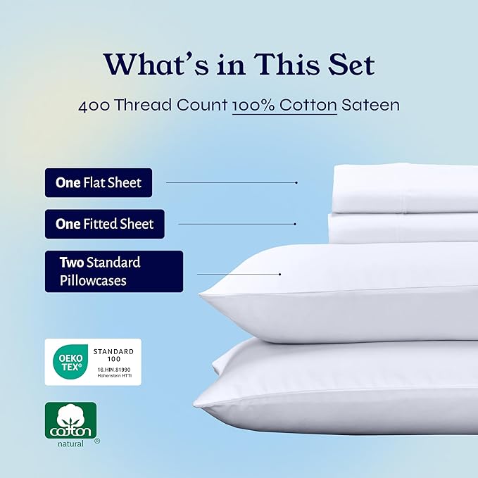 California Design Den Full Size Bed Sheets Set - Soft 400 Thread Count Sateen, Natural 100% Cotton Sheets Full Size Bed Set, Deep Pockets for a Snug Fit, Durable Bedding - White