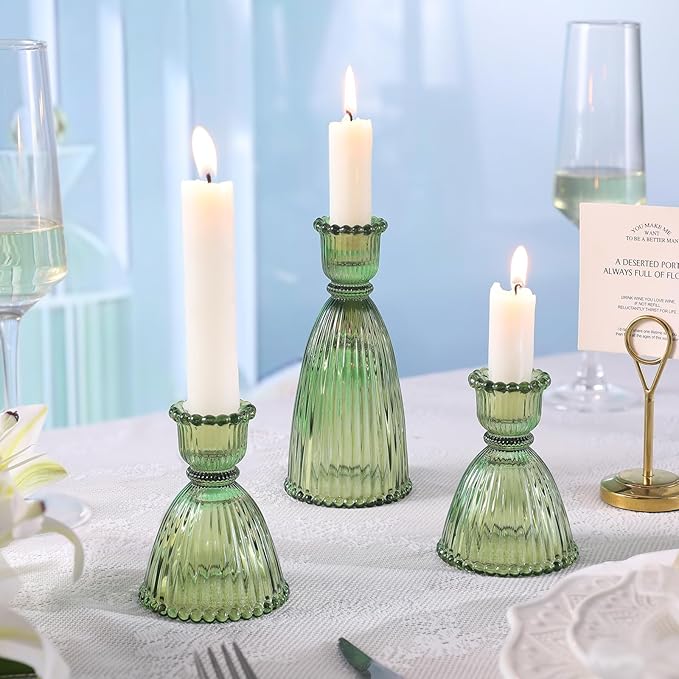 6 Pcs Green Glass Candlestick Holder (3.5"/6", Assorted)- Tall Taper Candle Holders with Vintage Design, Candle Stick Holders in Bulk for Party Decorations, Green Candle Holder for Tapered Candles