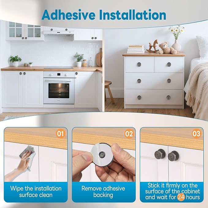 Self Adhesive Drawer Knobs, Self Stick Door Pull Handles, Zinc Alloy No Drilling Cabinet Knobs for Drawer, Closet, Window, Dresser, Sliding Barn/Glass Shower/Balcony Door (1, Grey)