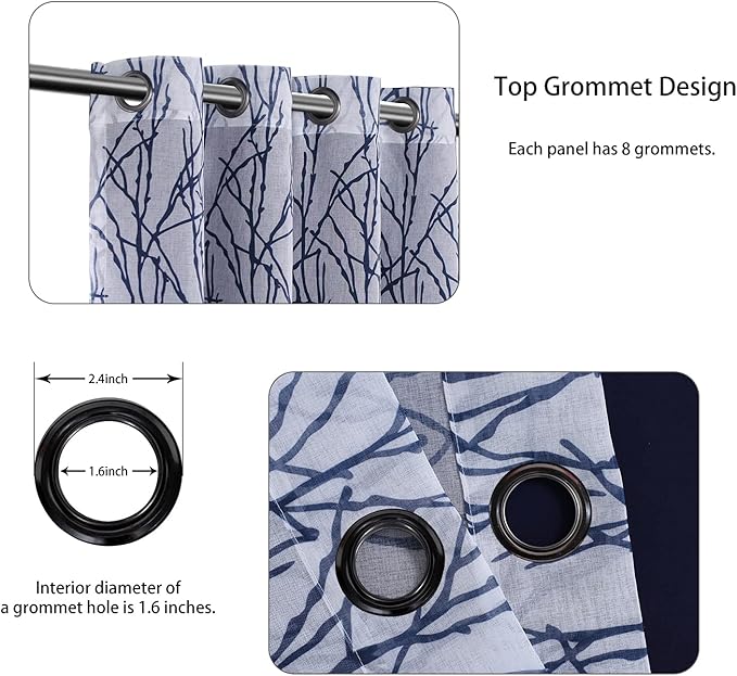 BONZER Mix and Match Curtains - 2 Pieces Branch Print Sheer Curtains and 2 Pieces Blackout Curtains for Bedroom Living Room Grommet Window Drapes, 54x95 Inch/Panel, Indigo, Set of 4 Panels