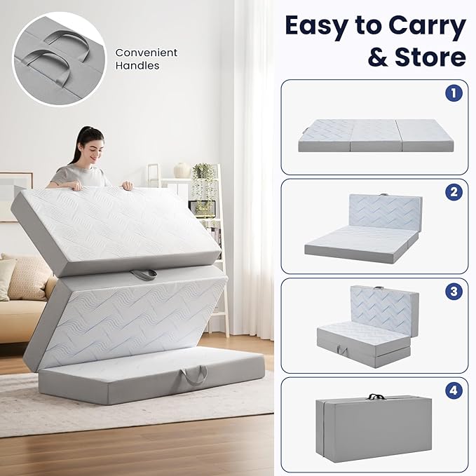Foldable Mattress Queen 4 inch -Portable White Memory Foam Folding Matress with Washable Cover for Camping Travel Guest Room Home Use-Non-Slip&Easy Storage