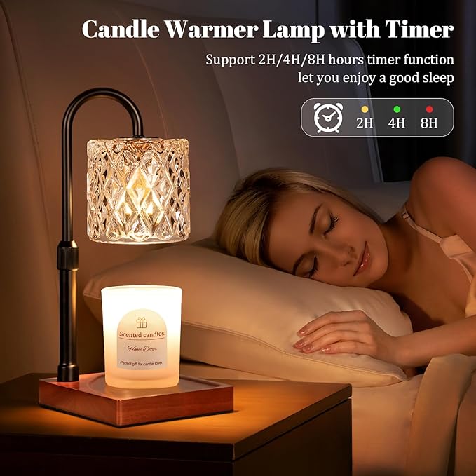 Hong-in Candle Warmer Lamp with Timer -Dimmable Adjustable Height Wax Melt Warmer for Jar Candles,Vintage Home Decor with Elegant Amber Glass,Birthday Gifts for Women, Mom, Friend