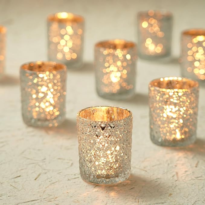 Homemory 12 Pack Silver Glass Votive Candle Holders, Tealight Candle Holder, Vintage Candle Holders Bulk for Table Centerpieces, Christmas, Baby Showers, Birthday, Wedding, Party