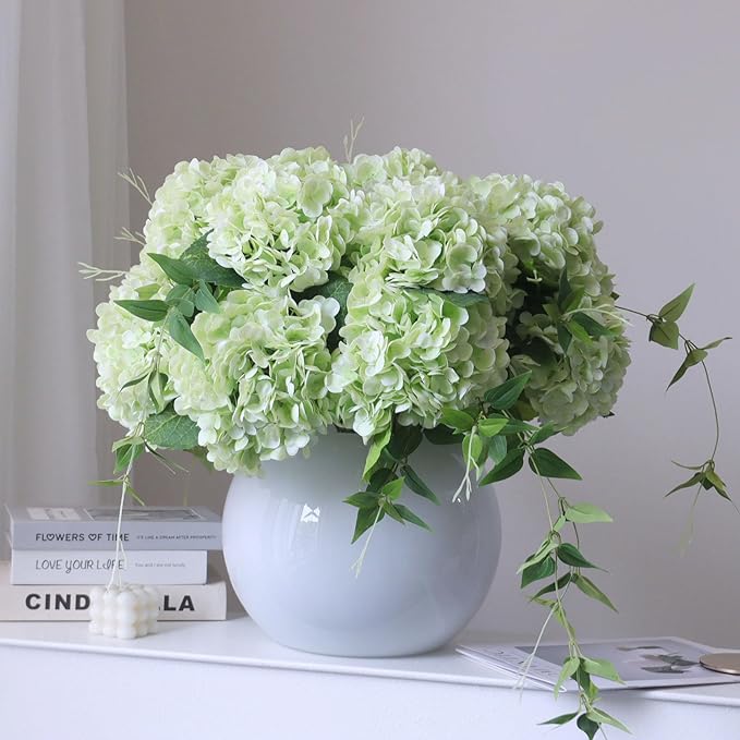 4pcs 21" Faux Green Hydrangeas Artificial Flowers, Real Touch Silk Hydrangea Flowers with Stems for Bridal Wedding Bouquet Party Home Decor