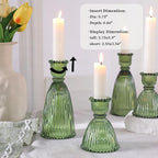 6 Pcs Green Glass Candlestick Holder (3.5"/6", Assorted)- Tall Taper Candle Holders with Vintage Design, Candle Stick Holders in Bulk for Party Decorations, Green Candle Holder for Tapered Candles