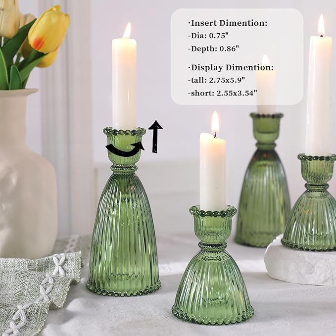 6 Pcs Green Glass Candlestick Holder (3.5"/6", Assorted)- Tall Taper Candle Holders with Vintage Design, Candle Stick Holders in Bulk for Party Decorations, Green Candle Holder for Tapered Candles