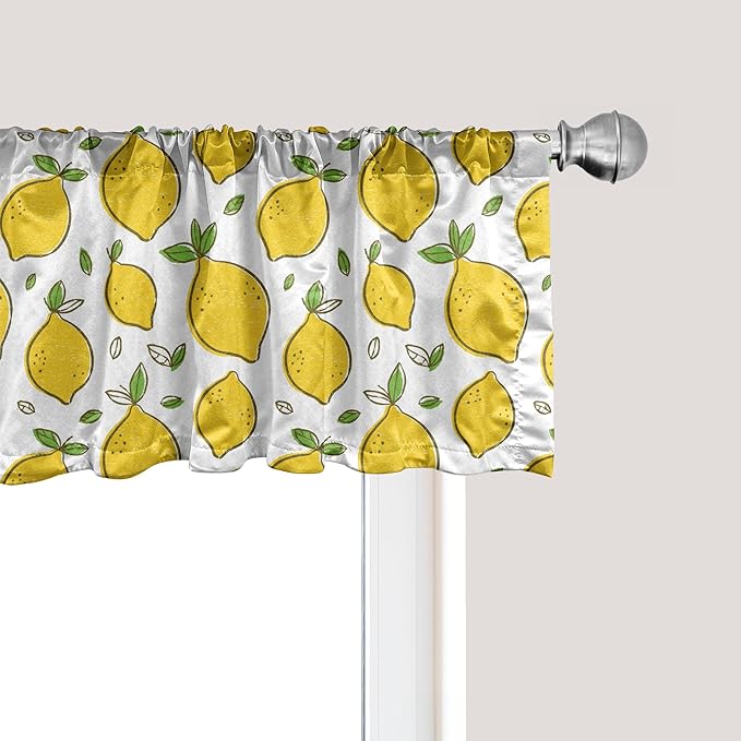 Ambesonne Lemons Window Valance Pack of 2, Continuous Citrus Fruits Leaves Refreshing Cartoon Pattern, Rod Pocket Curtain Valances for Kitchen Bedroom, 42" X 18", Lime Green Earth Yellow