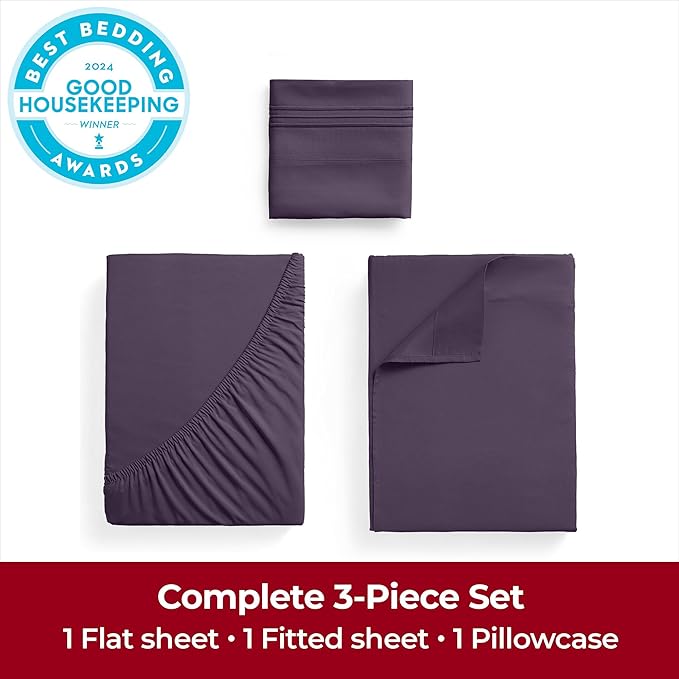 Mellanni Twin Sheets Set - 3 PC Iconic Collection Bedding - Hotel Luxury, Extra Soft, Cooling Bed Sheets - Wrinkle, Fade, Stain Resistant (Twin, Purple)