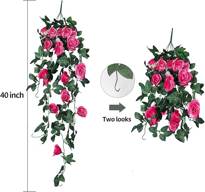 RECUTMS Artificial Rose 4Packs Fake Hanging Flower Faux Ivy Vine Plants for Home Window Garden Office Patio Planter Pathway Front Porch (Rose Red)