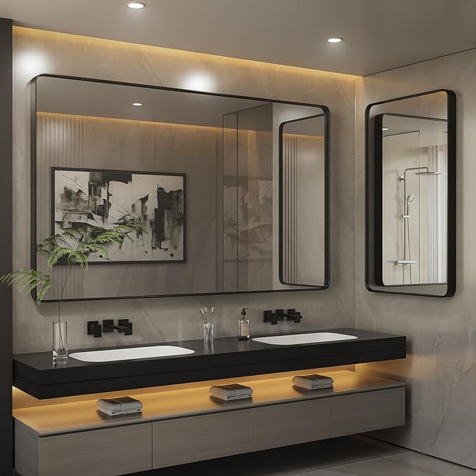ISKM Black Framed Mirror for Wall 84"x 32", Large Bathroom Mirror Anti-Rust, Tempered Glass, Rounded Rectangle Mirror(Horizontal/Vertical)