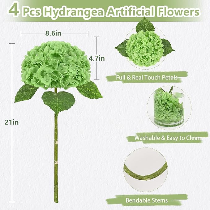 4 Pcs Real Touch Hydrangea Artificial Flowers, 21" Light Green & Dark Green Full Faux Hydrangea Flowers Latex Fake Flowers for Home Decor Party Floral Arrangements Wedding Bouquets Outdoor Decor