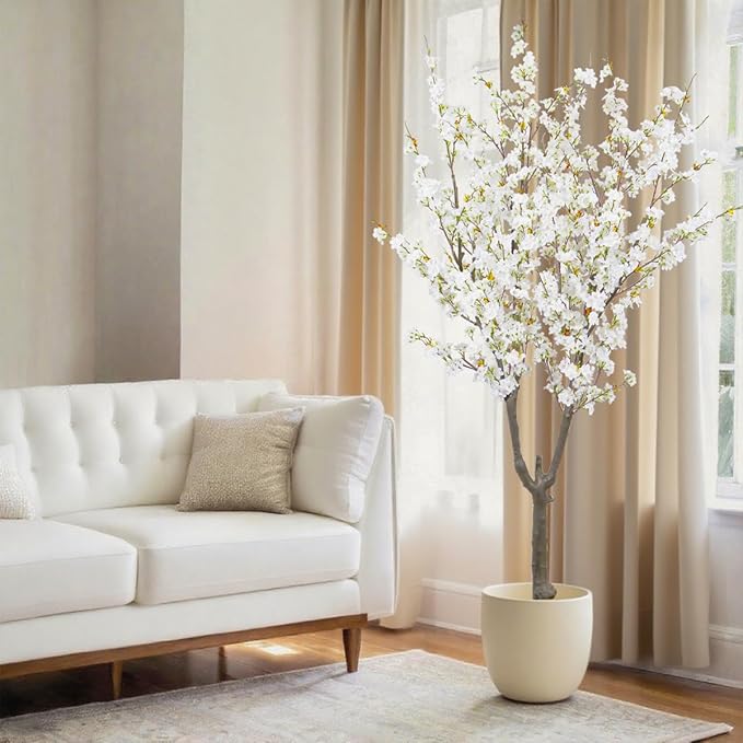 Artificial Cherry Blossom Tree 6ft Tall Indoor Faux White Flower Tree,Fake Cherry Blossom Tree for Home Office Party Wedding Decor