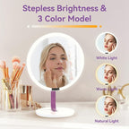 9.65-inch Lighting Makeup Mirror, 1x / 10x, Touch Control, 3-Color Adjustable, Metal Stand, up and Down Adjustable Makeup Mirror,High Color Rendering, Eye-Protecting Light Source,Pink