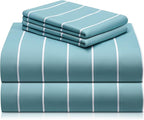LuxClub 4 PC Queen Size Sheet Set Bed Sheets, Breathable Luxury Deep Pockets 16" Wrinkle Free Cooling Sheets Machine Washable Hotel Bedding (Queen, Striped Light Blue)