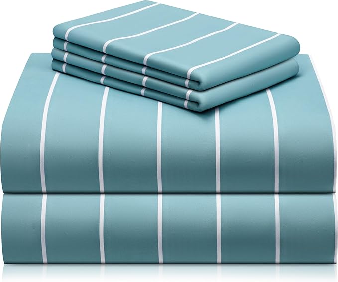 LuxClub 4 PC Queen Size Sheet Set Bed Sheets, Breathable Luxury Deep Pockets Wrinkle Free Cooling Sheets Machine Washable Hotel Bedding (Queen, Striped Light Blue)