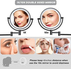 8" Wall Mounted Lighted Makeup Vanity Mirror with 3 Color Lights Stepless Dimming, 1X/10X Magnifying LED 2-Sided Bathroom Touch Sensor Extendable Arm 360 Swivel Shaving Mirror Hardwired, Matte Black