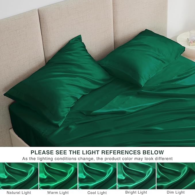 Love's cabin Full Size Satin Sheet Set - 4 Piece Dark Green Silky Satin Sheet Set with Deep Pocket, Luxury Silk Feel Satin Bed Sheets Full Bedding Set (1 Flat Sheet,1 Fitted Sheet,2 Pillow Cases)
