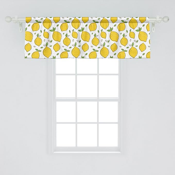 Ambesonne Lemons Window Valance Pack of 2, Continuous Citrus Fruits Leaves Refreshing Cartoon Pattern, Rod Pocket Curtain Valances for Kitchen Bedroom, 42" X 18", Lime Green Earth Yellow