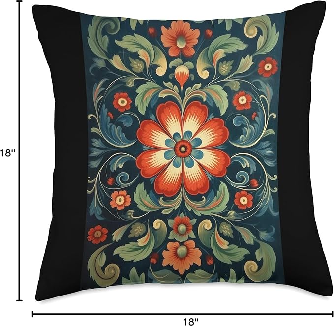 Traditional Norwegian Rosemaling Folk Art Throw Pillow