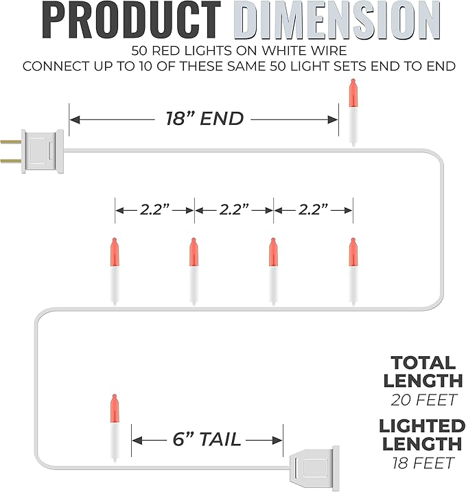 612 Vermont 50 Red Christmas Lights on a White Wire String, UL Approved, Indoor and Outdoor Use, 9 Foot of Lighted Length, 11 Foot of Total Length